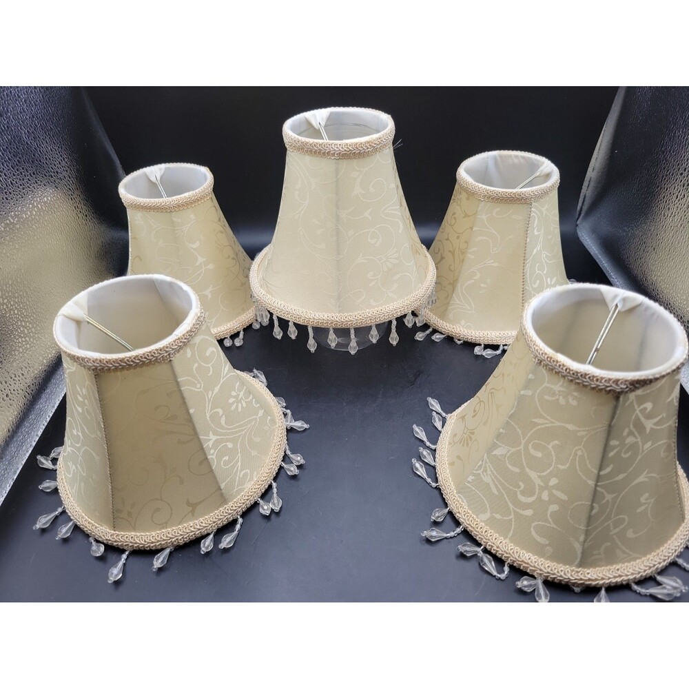 5" Tall Lamp Shade w Beaded Fringe Beige w/ White Inside Clip Style set of 5